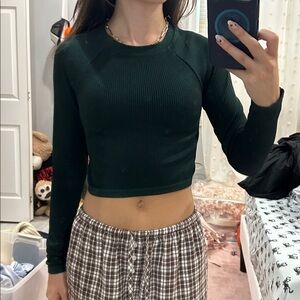 Aerie Dark Green Long Sleeve Seamless Waffle Crop Top​